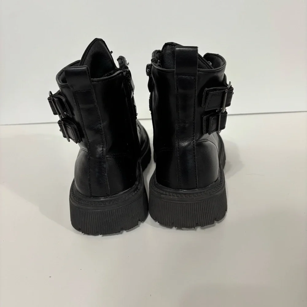 Women's Black Leather Combat Boots with Studded Straps